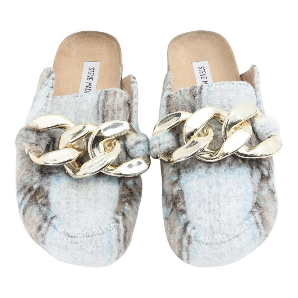 Steve Madden Light Blue Brown Plaid Chain Detail Slippers US 7